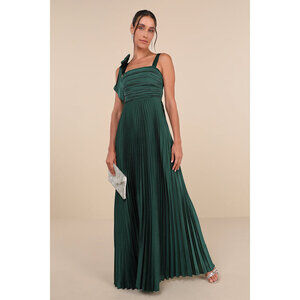 Lulus Gorgeous Purpose Emerald Satin Pleated Sleeveless Bow Maxi Dress Green